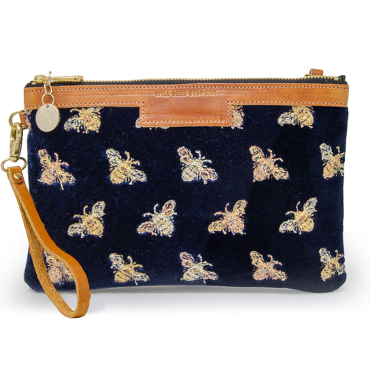 Navy Velvet Bee Embroidered Clutch Bag