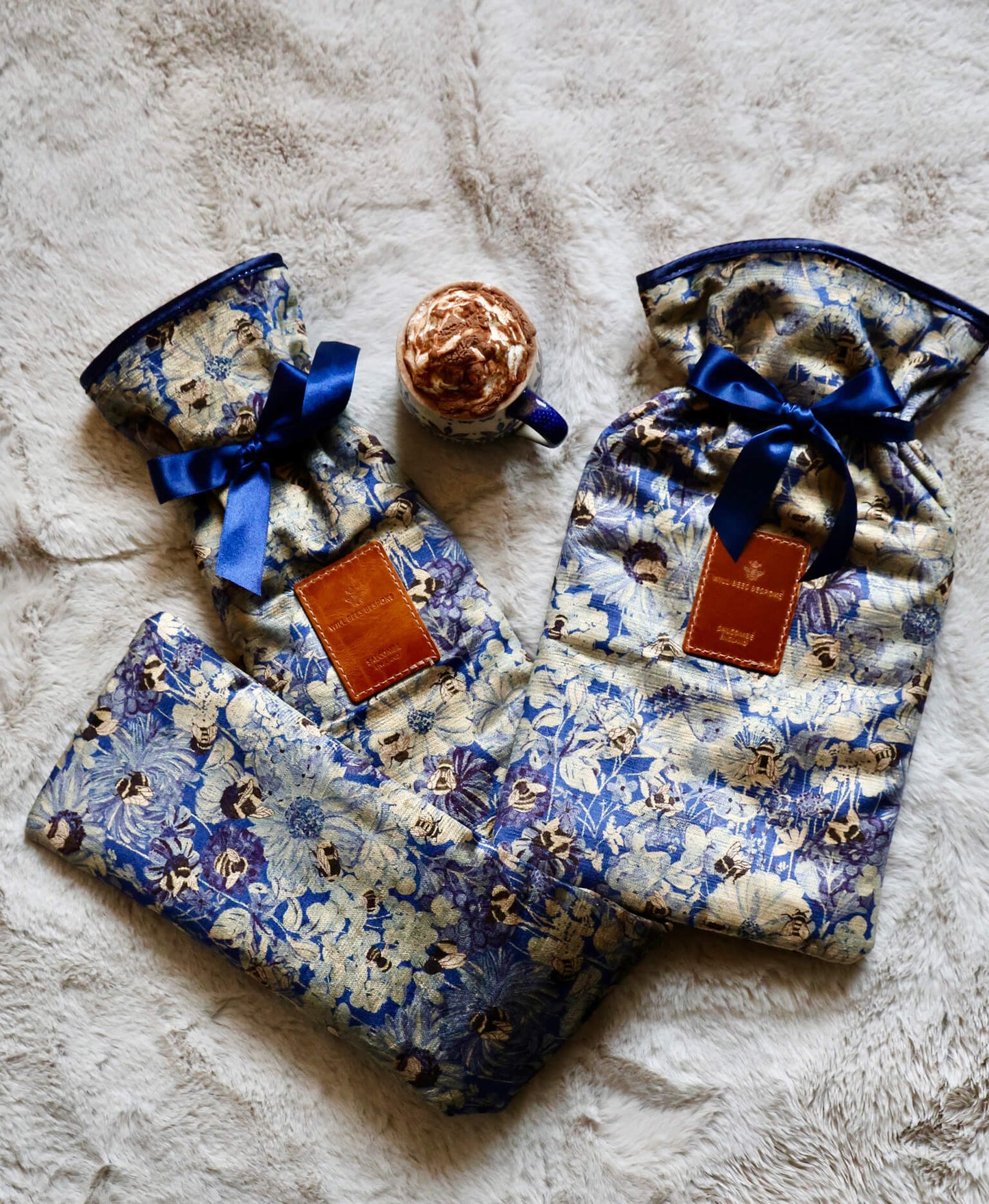 Hot Water Bottle & Cover - Bumblebee Haven in Blue Sea - Will Bees Bespoke