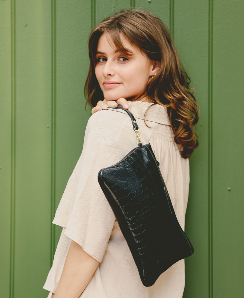 Oversized Diana 2 in 1 Clutch - Black Croc - Will Bees Bespoke