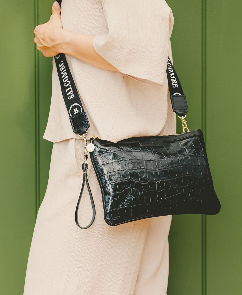 Oversized Diana 2 in 1 Clutch - Black Croc - Will Bees Bespoke