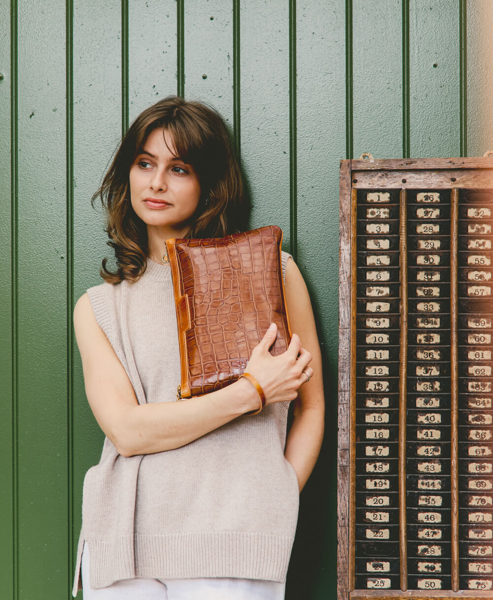 Oversized Diana 2 in 1 Clutch - Tan Croc - Will Bees Bespoke