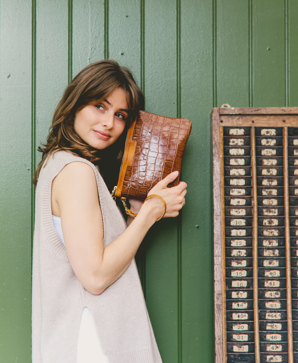Diana 2 in 1 Clutch - Tan Croc - Will Bees Bespoke