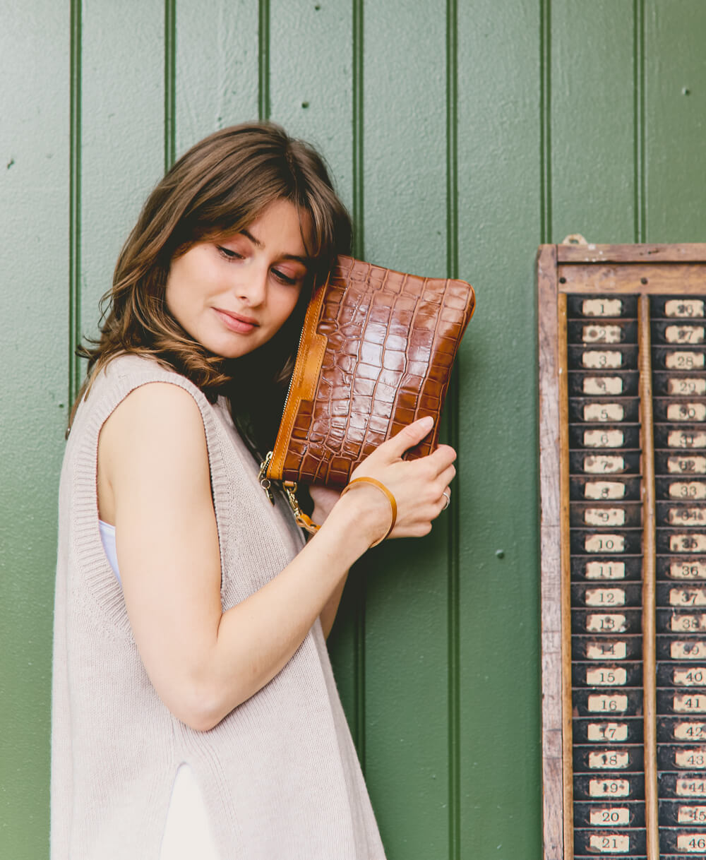 Diana 2 in 1 Clutch - Tan Croc - Will Bees Bespoke