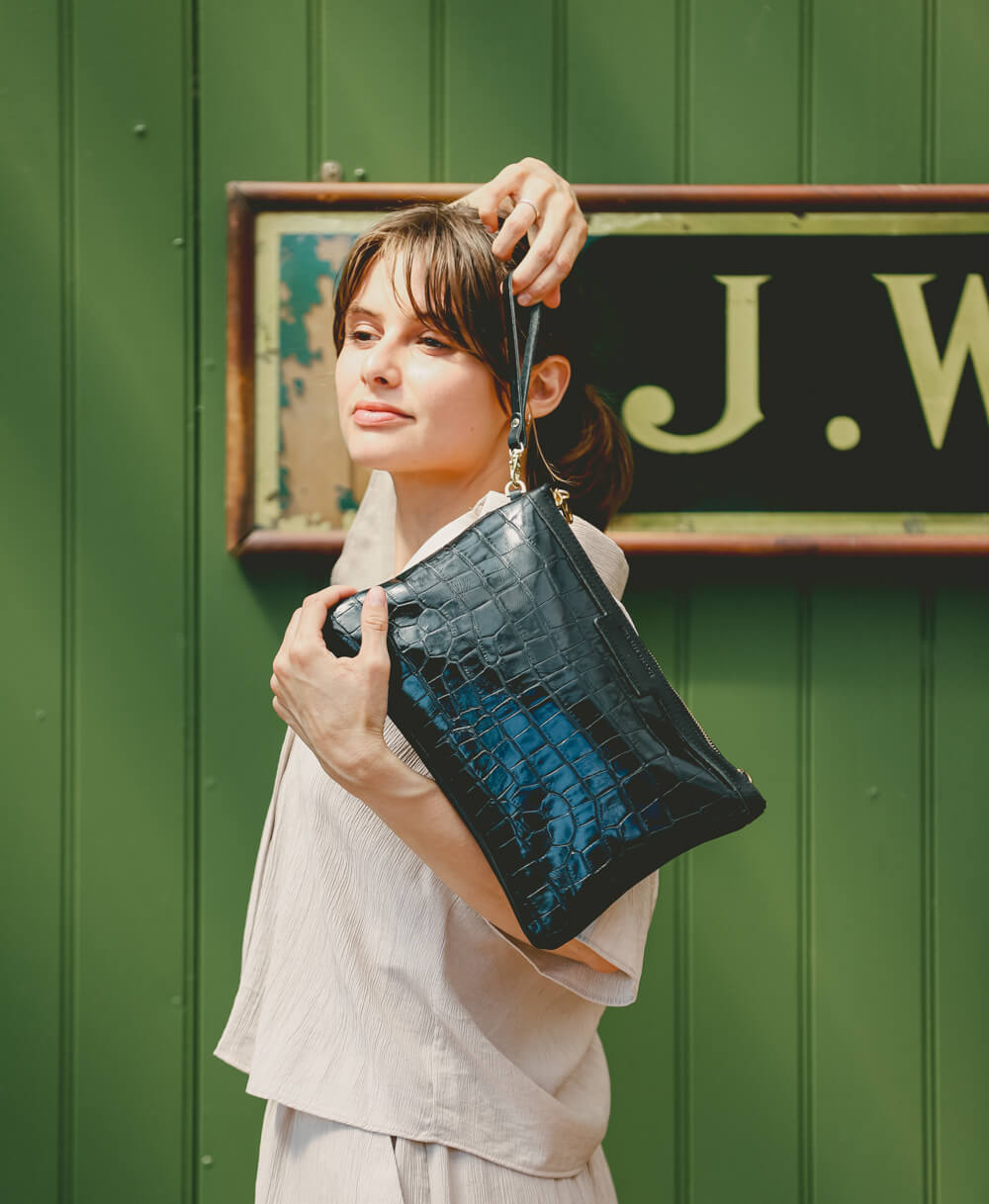 Oversized Diana 2 in 1 Clutch - Black Croc - Will Bees Bespoke