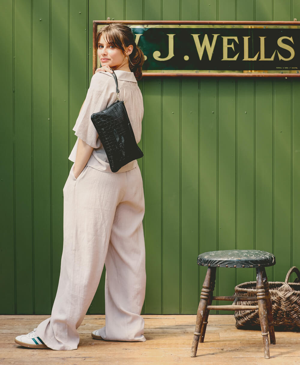 Oversized Diana 2 in 1 Clutch - Black Croc - Will Bees Bespoke