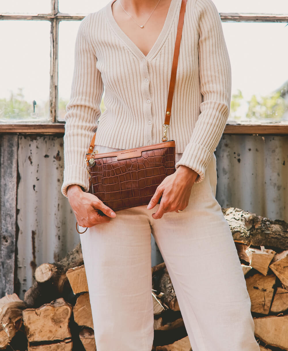 Diana 2 in 1 Clutch - Tan Croc - Will Bees Bespoke