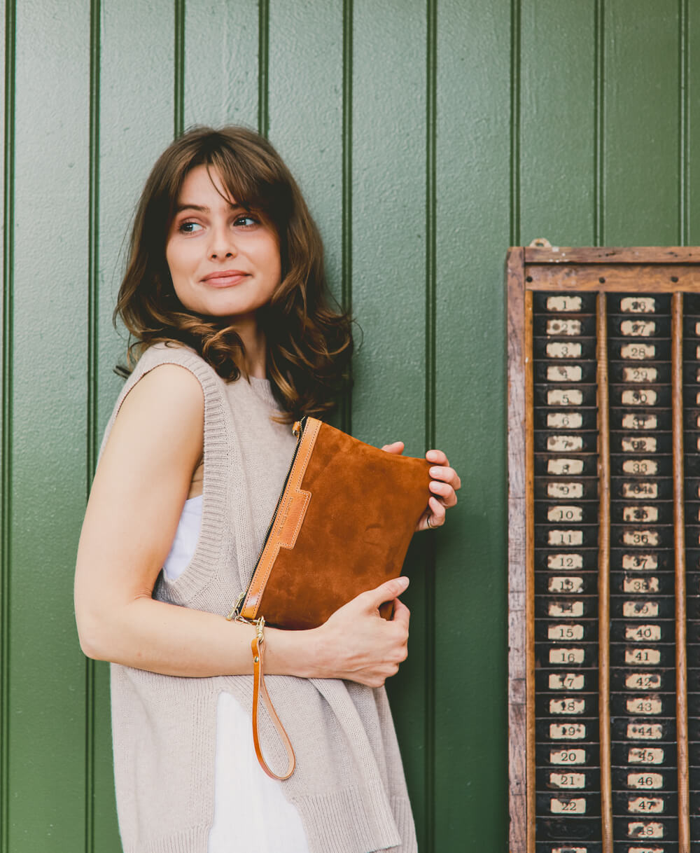 Diana 2 in 1 Clutch - Dark Tan Suede - Will Bees Bespoke