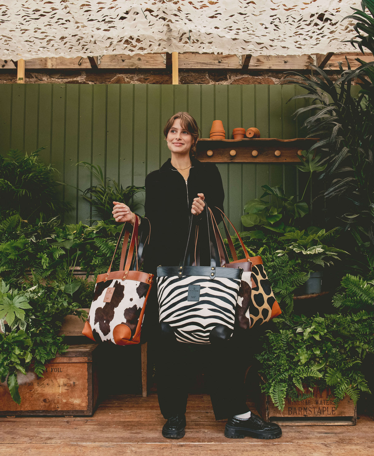 Medium Tote - Black Cow Print - Black Leather - Will Bees Bespoke