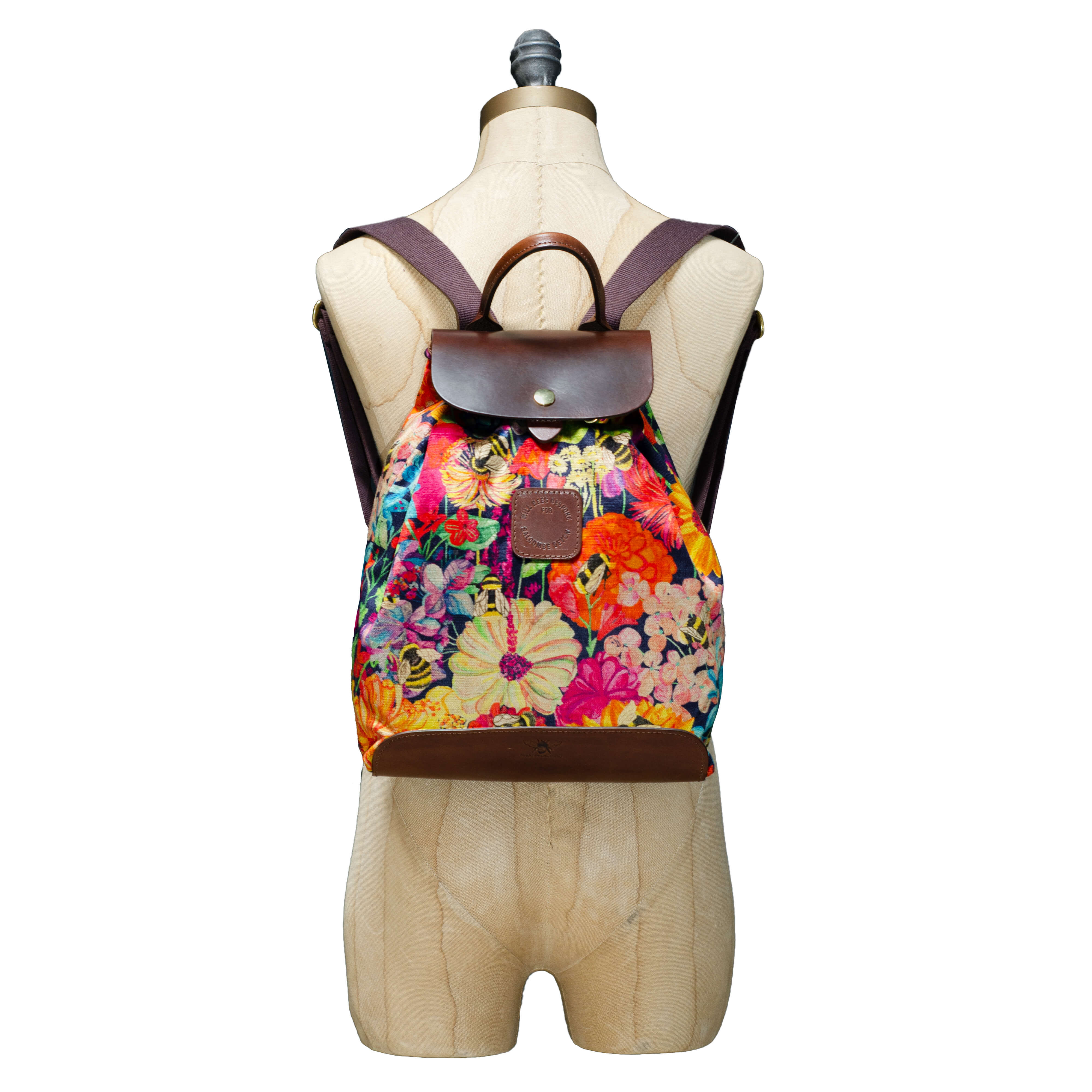 bee backpack coach Women's Backpack - Floral Bumblebee Velvet Midday Sun and Leather - Handmade in England