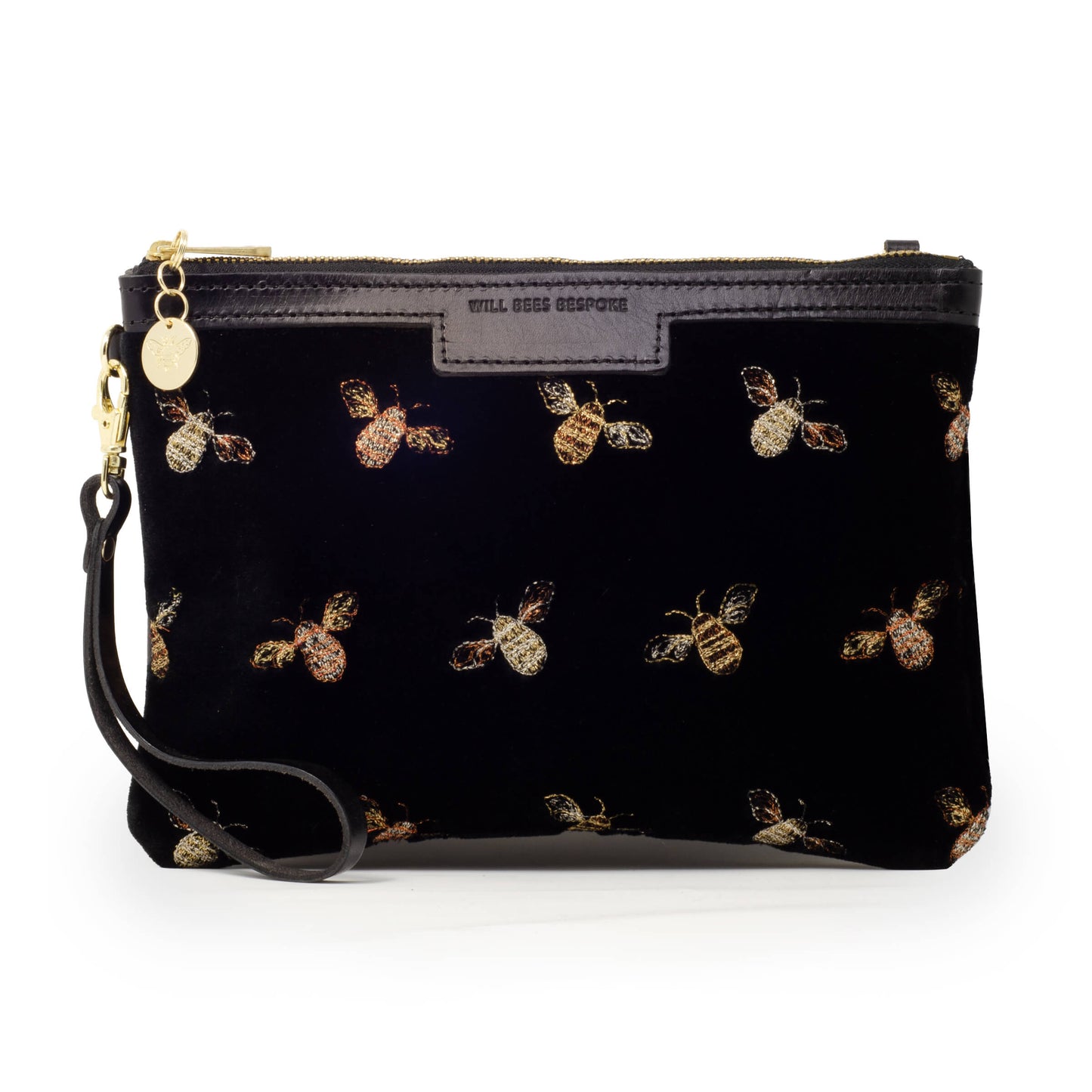 Diana 2 in 1 Clutch - Classic Bees on Black Velvet - Black Leather