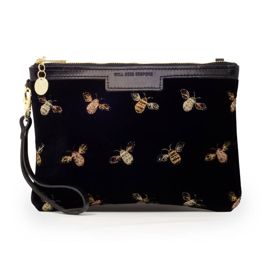 Diana 2 in 1 Clutch - Classic Bees on Black Velvet - Black Leather