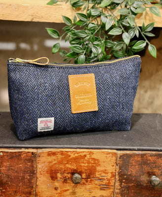 Mens Wash Bag - Harris Tweed® Navy Herringbone - Will Bees Bespoke