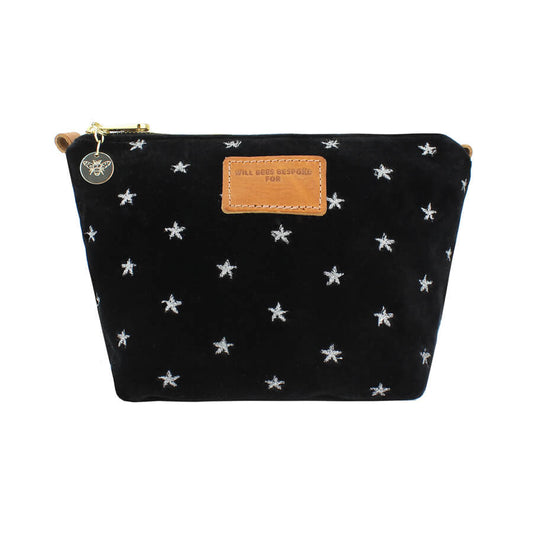 Velvet Make up Bag - Silver Stars on Black Velvet - Will Bees Bespoke