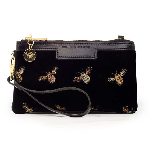 Mini Diana 2 in 1 Clutch - Classic Bees on Black Velvet - Black leather
