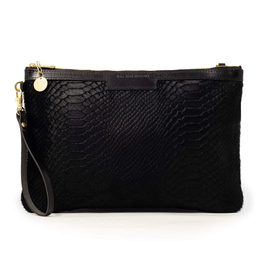 Oversized Diana 2 in 1 Clutch - Black Snake Print - Black Leather