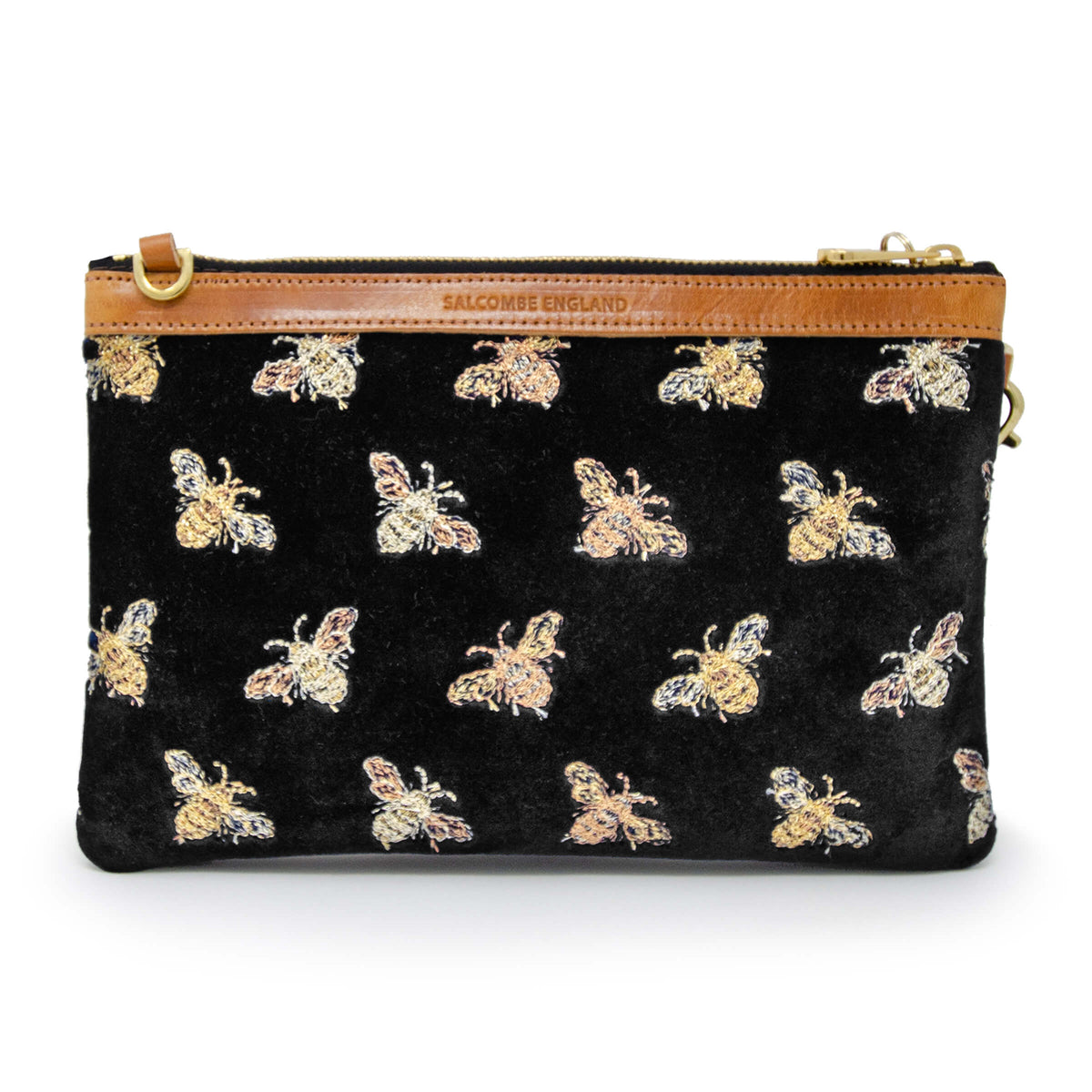 Clutch Bag in Black Velvet with Gold Embroidered Bees with Cross Body ...