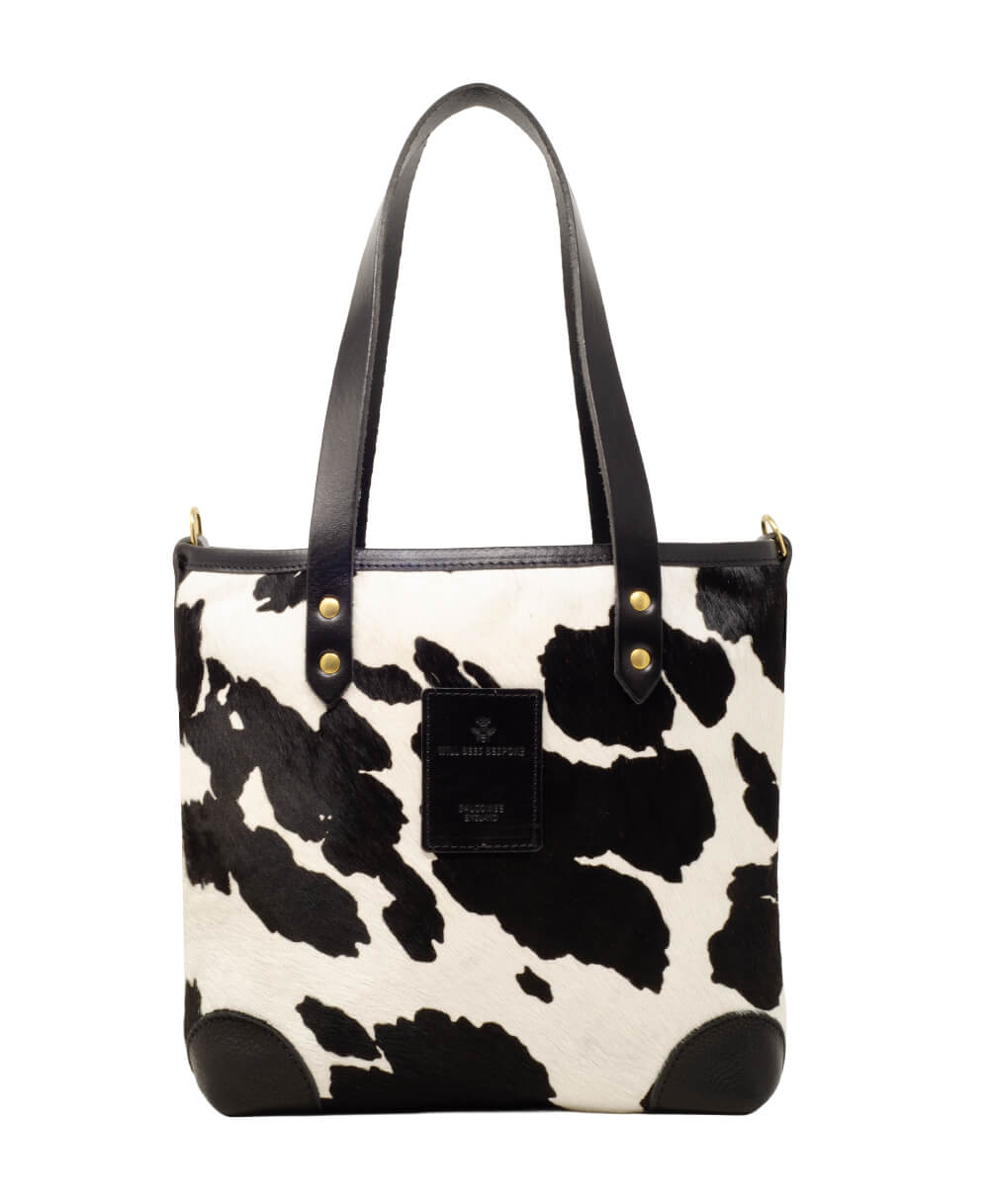 Small Tote - Black Cow Print - Black Leather
