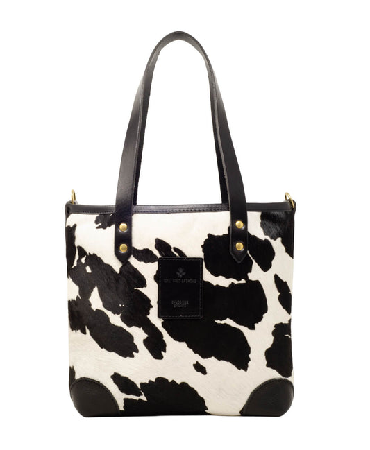 Small Tote - Black Cow Print - Black Leather