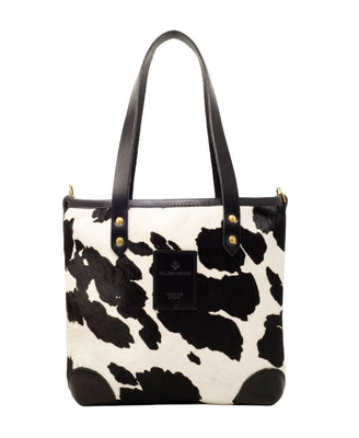 Small Tote - Black Cow Print - Black Leather