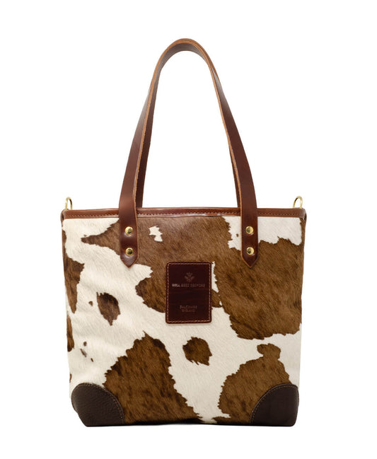 Small Tote - Brown Cow Print - Brown Leather