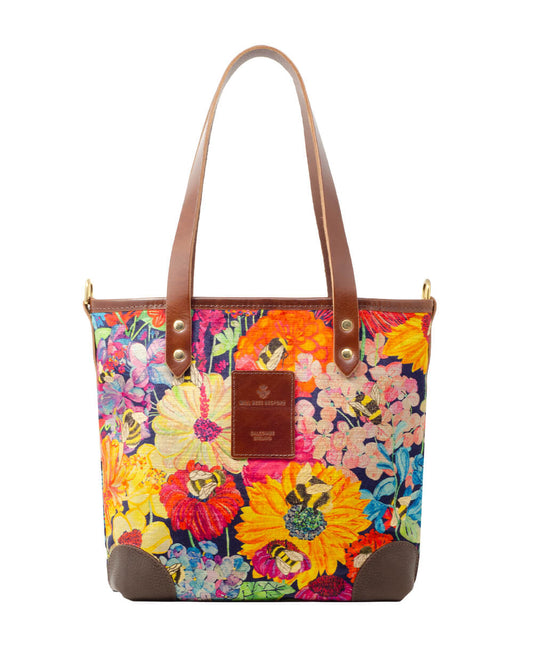 Small Tote - Bumblebee Garden in Midday Sun - Brown Leather