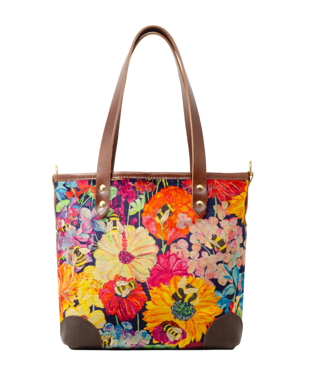 Small Tote - Bumblebee Garden in Midday Sun - Brown Leather