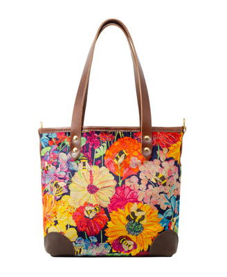 Small Tote - Bumblebee Garden in Midday Sun - Brown Leather