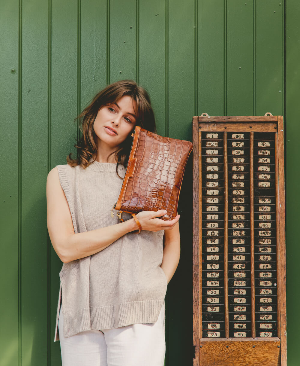 Oversized Diana 2 in 1 Clutch - Tan Croc
