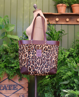 Large Tote - Leopard Print - Brown Leather - Will Bees Bespoke