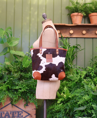 Small Tote - Brown Cow Print - Tan Leather