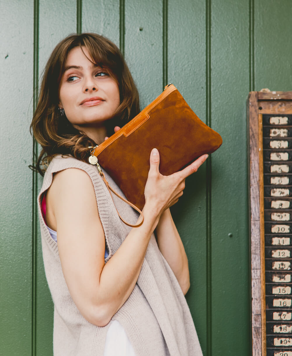 Oversized Diana 2 in 1 Clutch - Dark Tan Suede - Will Bees Bespoke
