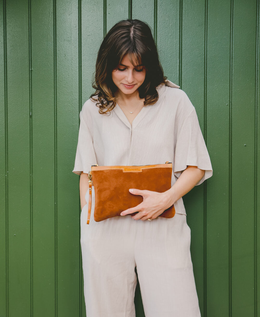 Oversized Diana 2 in 1 Clutch - Dark Tan Suede - Will Bees Bespoke