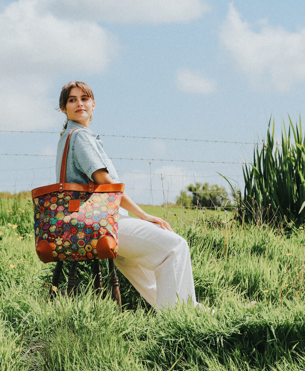 Large Tote Bag - Hexagon Hive in Ivy with tan leather trim