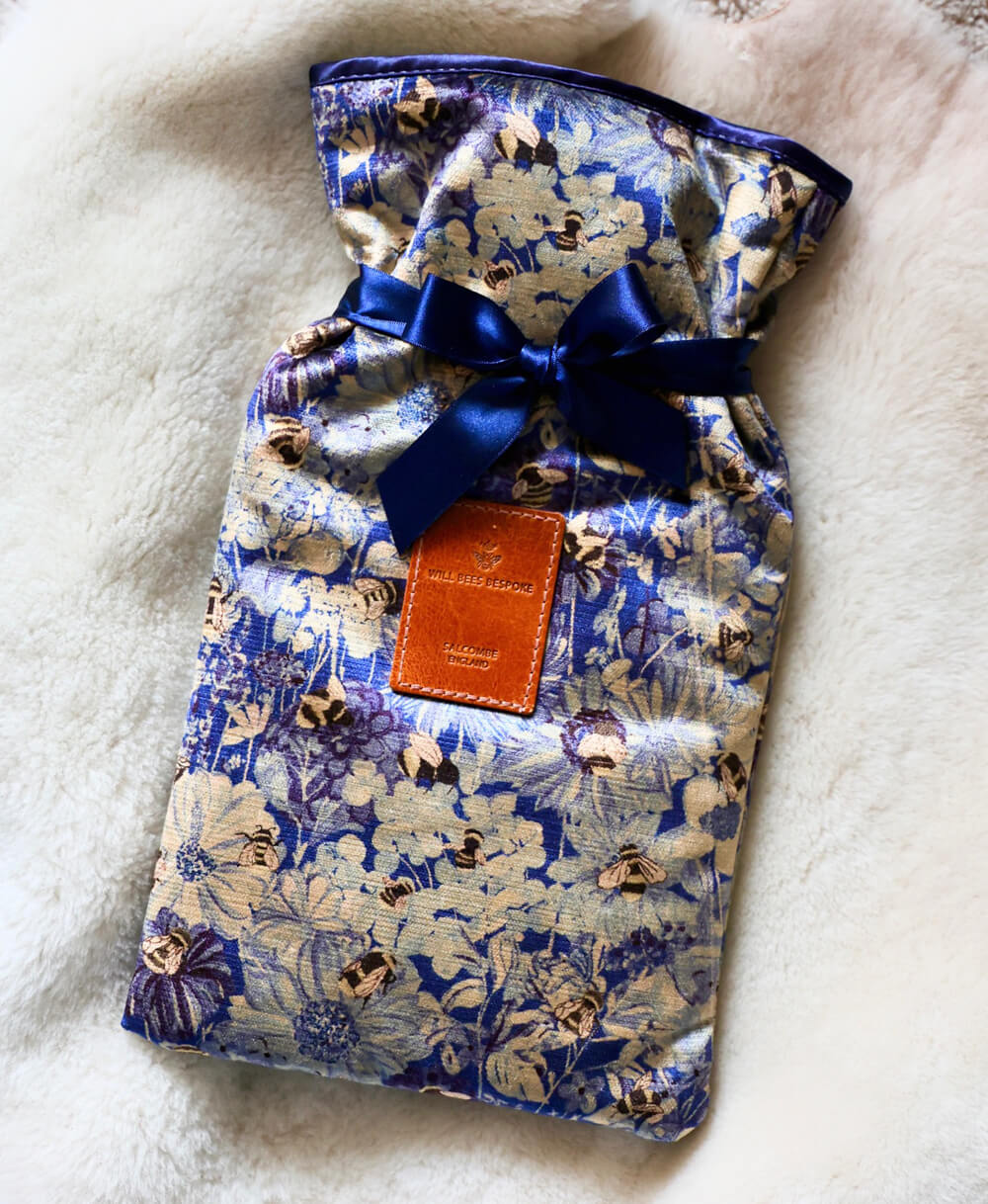 Hot Water Bottle & Cover - Bumblebee Haven in Blue Sea - Will Bees Bespoke