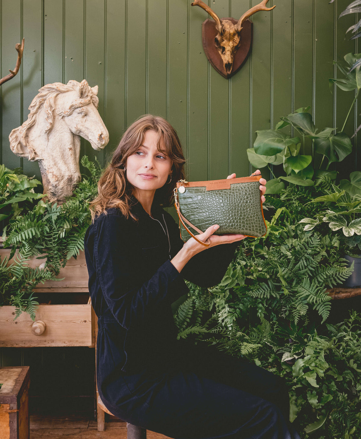 Diana 2 in 1 Clutch - Khaki Green Croc - Will Bees Bespoke