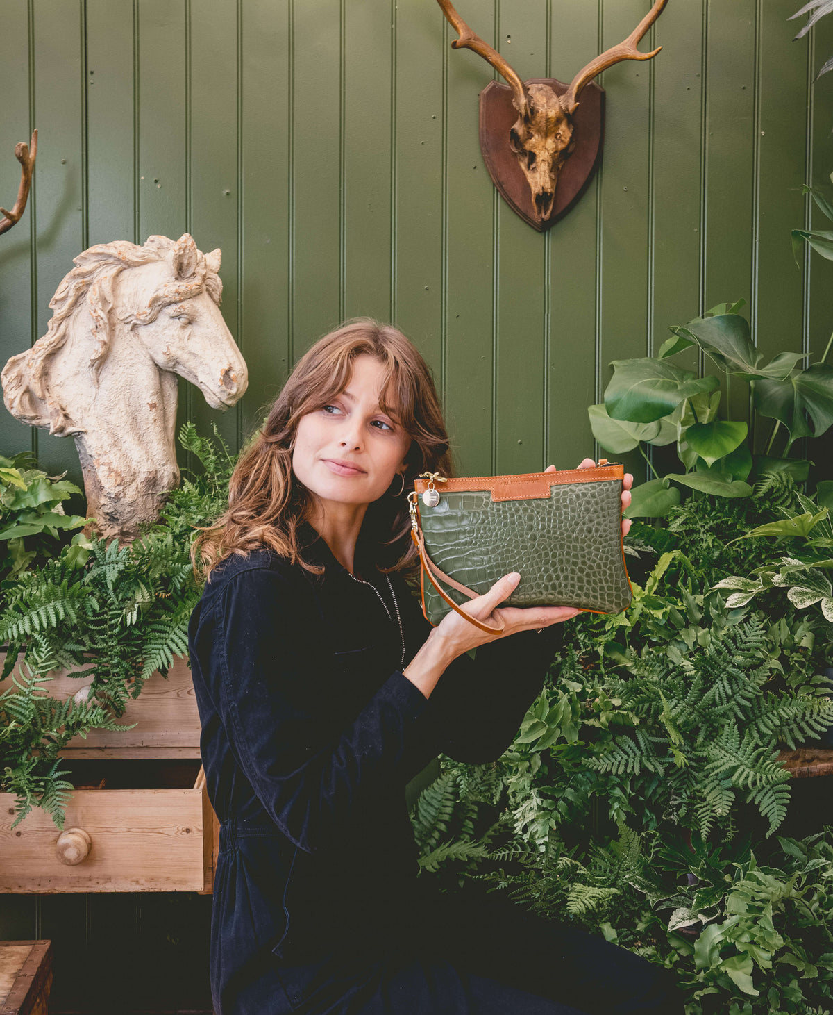 Diana 2 in 1 Clutch - Khaki Green Croc - Will Bees Bespoke