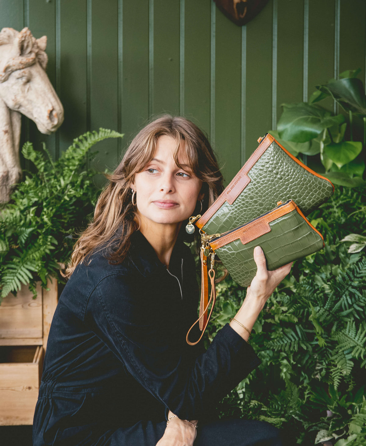 Diana 2 in 1 Clutch - Khaki Green Croc - Will Bees Bespoke