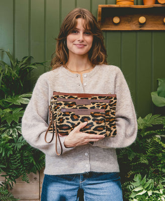Diana 2 in 1 Clutch - Leopard Print - Brown Leather - Will Bees Bespoke