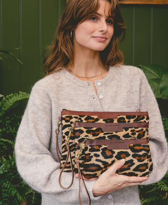 Diana 2 in 1 Clutch - Leopard Print - Brown Leather - Will Bees Bespoke