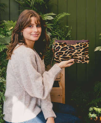 Diana 2 in 1 Clutch - Leopard Print - Brown Leather - Will Bees Bespoke