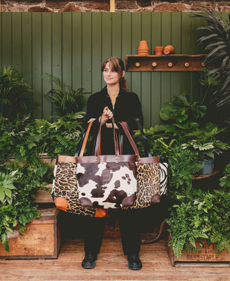 Large Tote - Black Cow Print - Black Leather - Will Bees Bespoke
