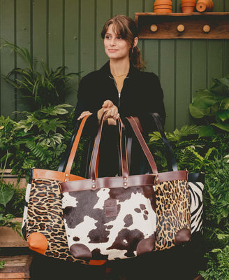 Large Tote - Black Cow Print - Black Leather - Will Bees Bespoke