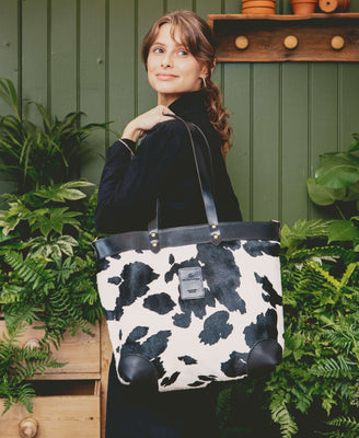 Large Tote - Black Cow Print - Black Leather - Will Bees Bespoke