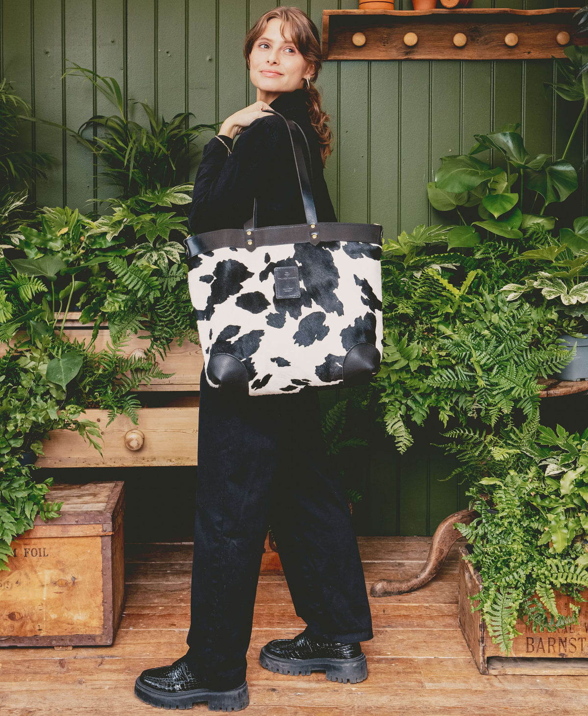 Large Tote - Black Cow Print - Black Leather - Will Bees Bespoke