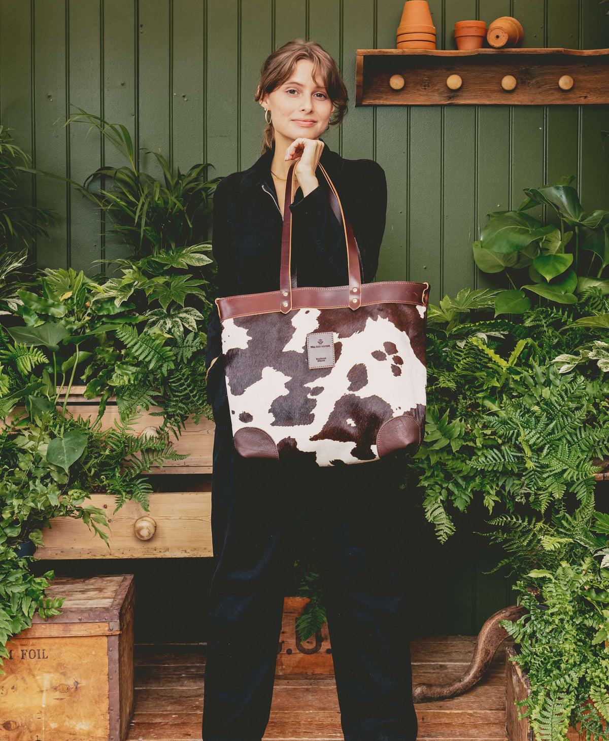 Large Tote - Brown Cow Print - Brown Leather - Will Bees Bespoke