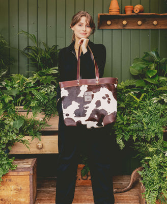 Large Tote - Brown Cow Print - Brown Leather - Will Bees Bespoke
