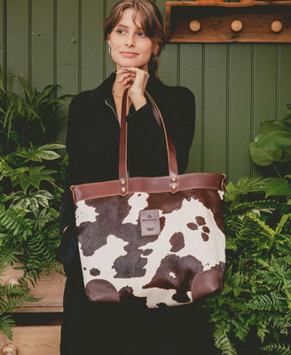 Large Tote - Brown Cow Print - Brown Leather - Will Bees Bespoke