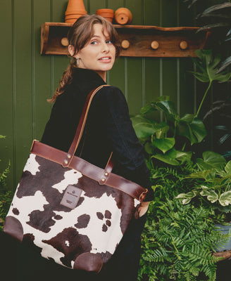 Large Tote - Brown Cow Print - Brown Leather - Will Bees Bespoke