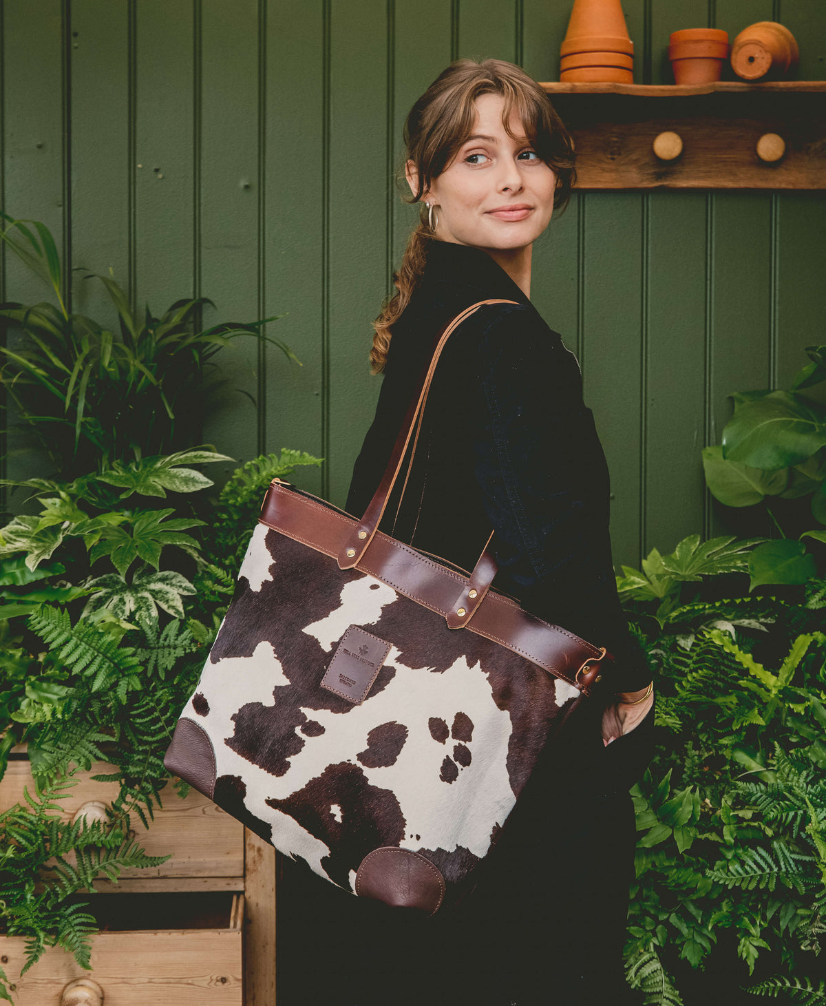 Large Tote - Brown Cow Print - Brown Leather - Will Bees Bespoke