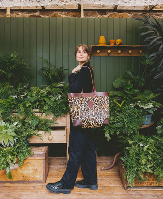Large Tote - Leopard Print - Brown Leather - Will Bees Bespoke